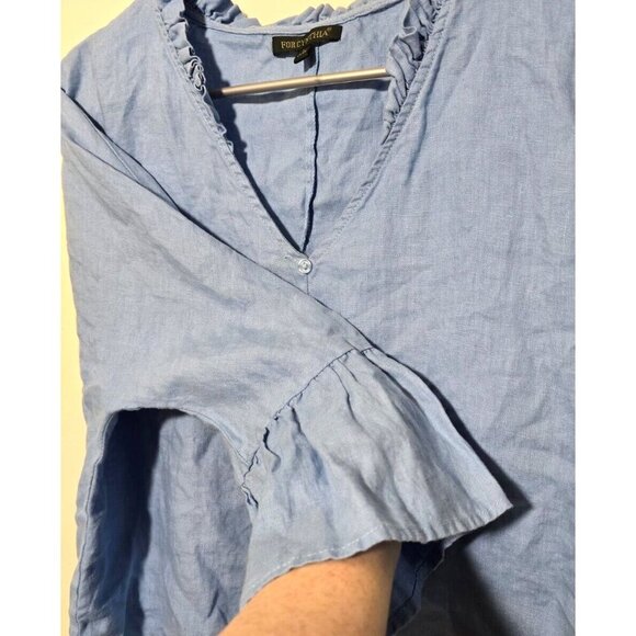 For Cynthia Linen Blouse L Blue Cropped Tie Waste Buttons Ruffles Bell Sleeve - Picture 12 of 12